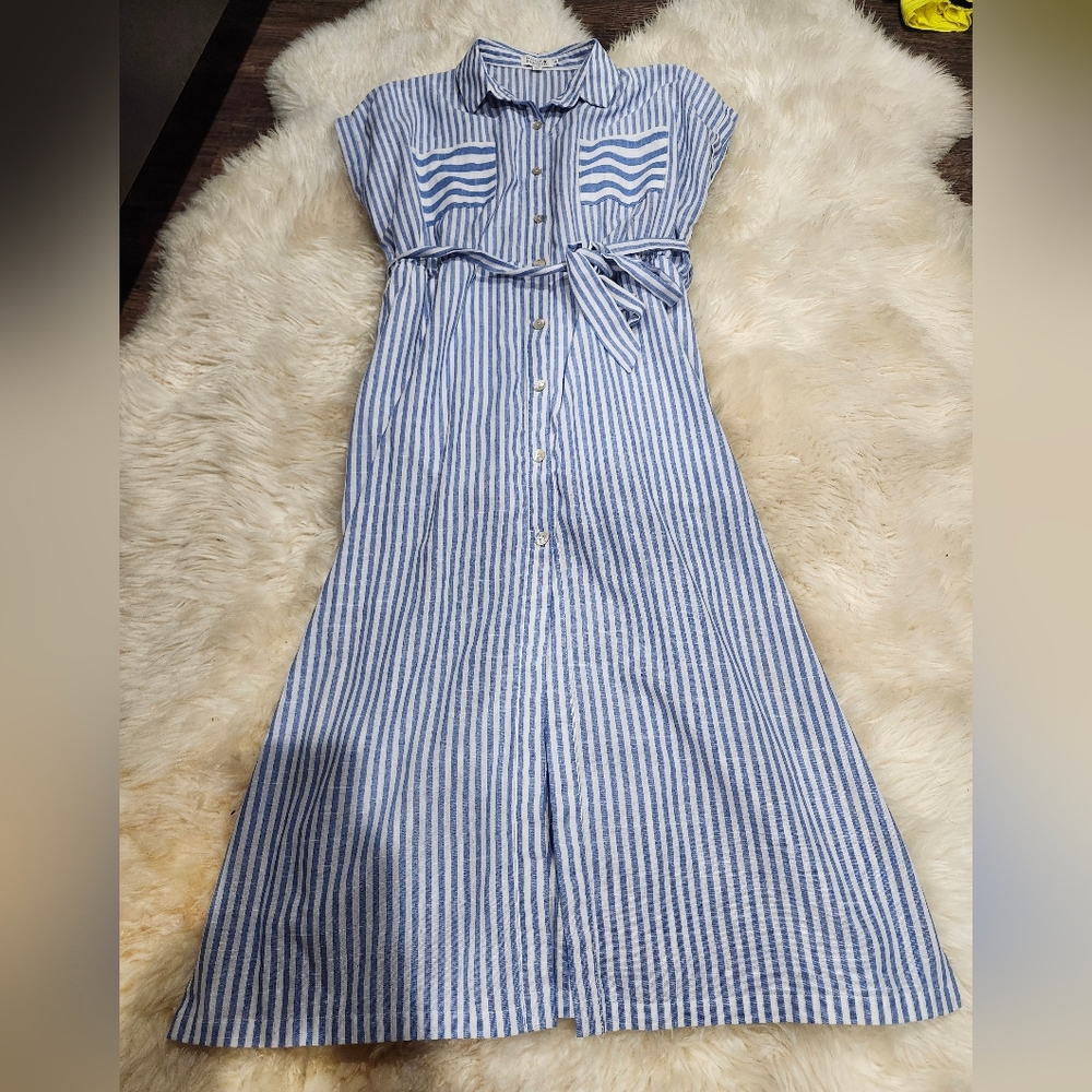 Molly Bracken Blue & White Striped Midi Shirt Dress